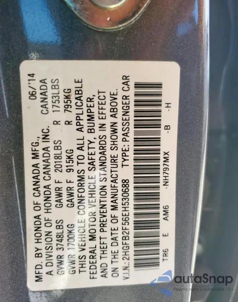 2014 Honda Civic Lx из США, поврежденный, VIN 2HGFB2F56EH530688